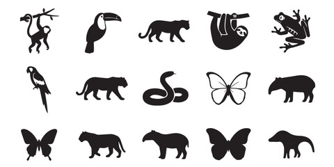 Fototapeta premium Black silhouettes of tropical rainforest animals set isolated on white background. A set of fifteen black vector silhouettes representing tropical rainforest wildlife. The collection includes a monkey