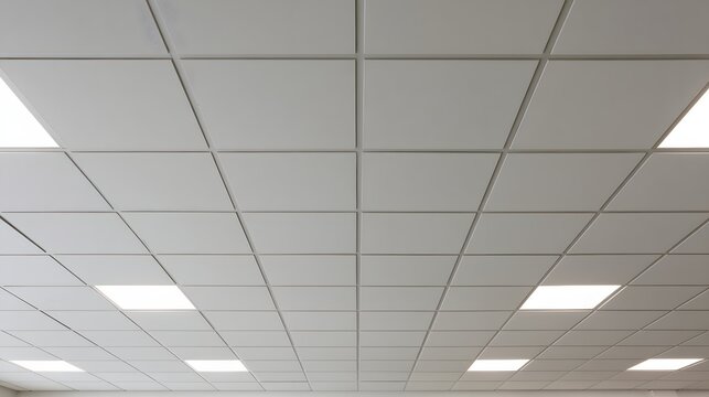 Suspended ceiling with square acoustic tiles and recessed LED lights.