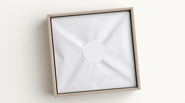 Unboxing A square box with a lid, revealing white tissue paper and a round sticker