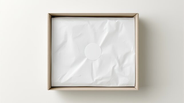 Open square box lined with white tissue paper, secured by a circular sticker