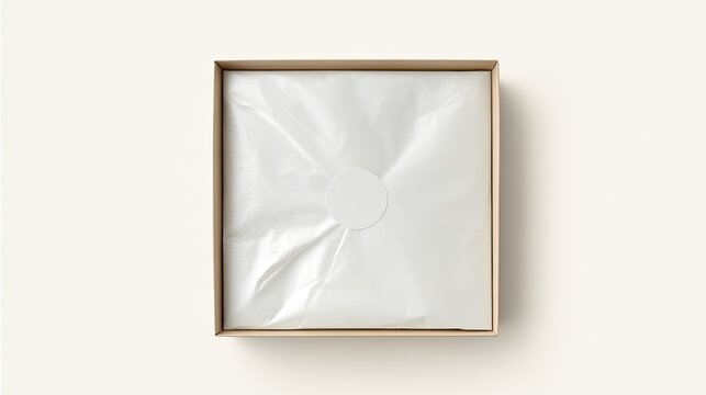 Open cardboard box with white tissue paper and circular sticker