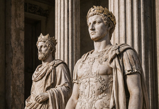 Ancient roman stone statues of emperors standing in front of marble columns