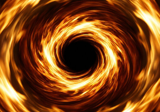 Swirling fire vortex with bright orange flames circling a dark black void center