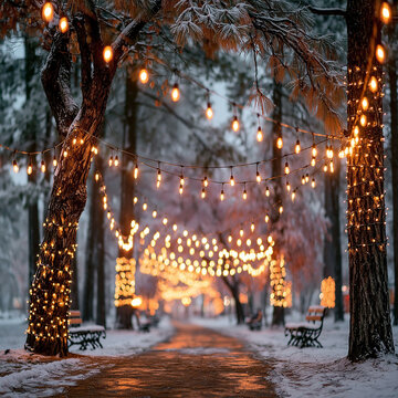 Park path decorated with warm string lights in a snowy winter evening