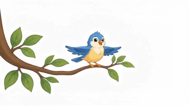 Cartoon Blue Bird with Yellow Chest Perched on Tree Branch with Green Leaves on White Background