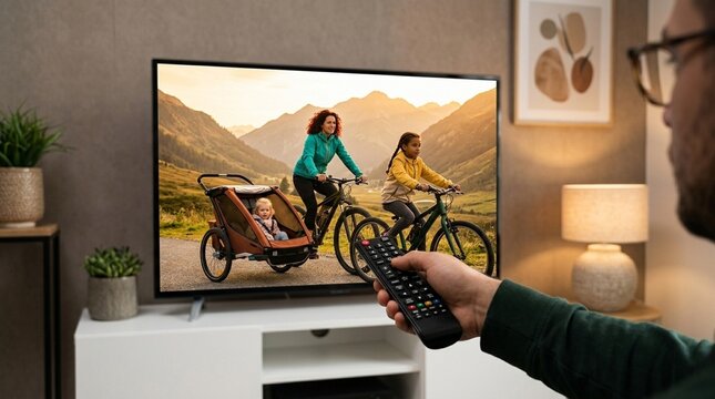 Man holding television remote control watching screen showing family riding bicycles outdoors