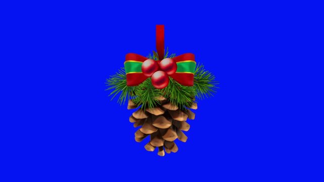 3D Animated Christmas Pine Cone Ornament with Red Bow on Blue Screen