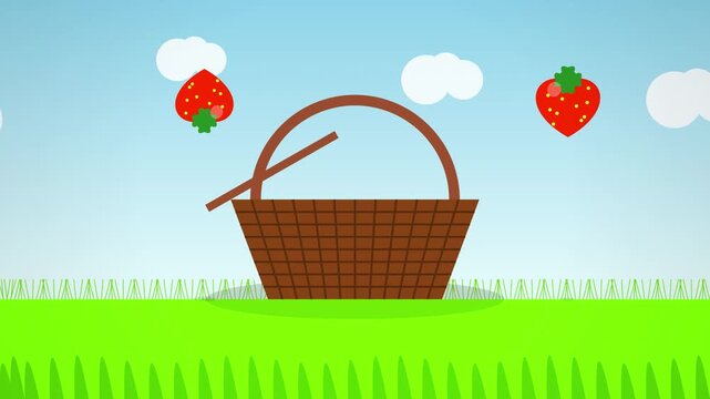 Cute cartoon basket with strawberries and clouds over green grass and sky, vibrant and cheerful illustration for kids