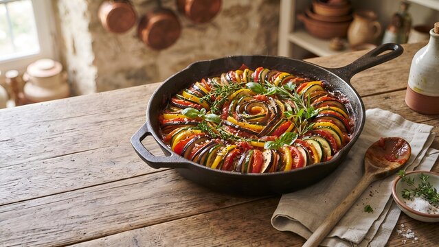 Delicious homemade vegetable ratatouille in a cast iron skillet on a rustic wooden table.