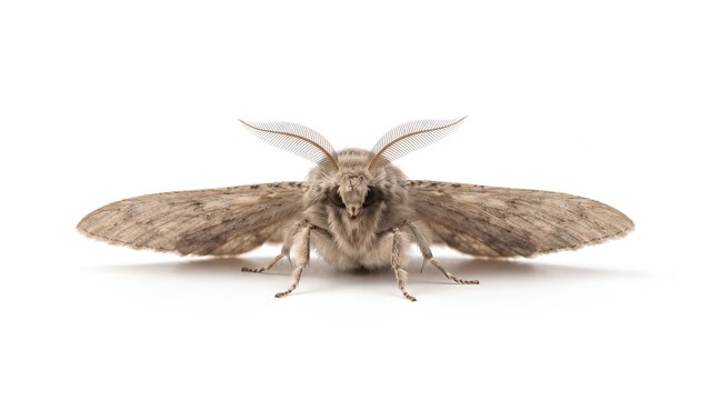 Macro photograph of a moth isolated on a white background.