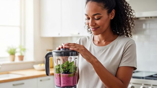 African American woman preparing colorful berry countertop blender smoothie in bright contemporary kitchen for healthy smoothie preparation, morning smoothie routine and wellness recipe video