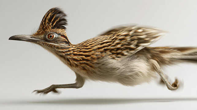Greater roadrunner bird sprinting fast in profile view on isolated white background