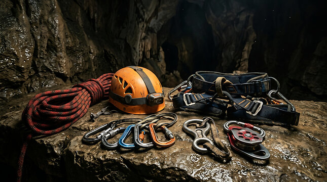 Caving and climbing equipment laid out on wet cave rock in deep cavern