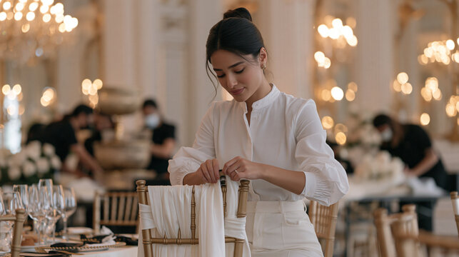 Iranian wedding coordinator pinning silk sashes to rental chiavari chairs in a chandelier lit reception hall, a team of assistants carrying stacked centerpiece vessels behind her