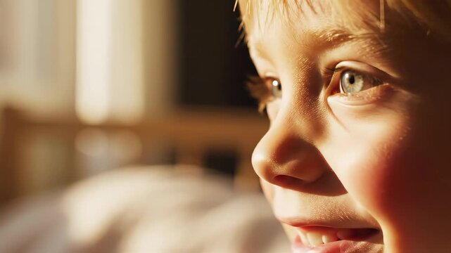 Close up portrait of a young blonde child smiling warmly in natural sunlight for family lifestyle blogs video