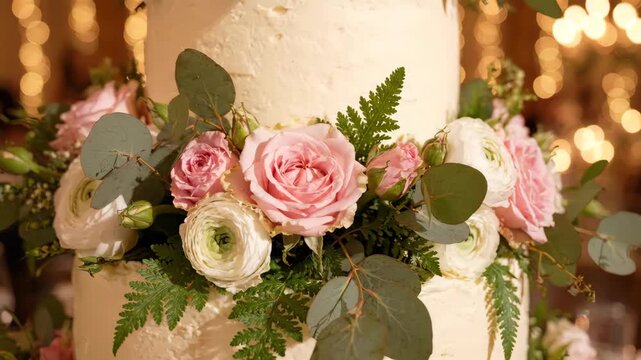 Elegant multi-tiered wedding cake with pastel pink roses, ranunculus, and botanical greenery for romantic celebration footage, luxury event planning video, and special occasion marketing