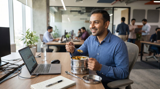 Indian man eating lunch from tiffin at his office desk