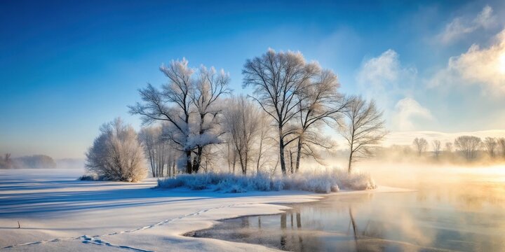 Snowy landscape with bare trees and frozen lake in the background, mist rising from the ground, winter landscape, winter scenery