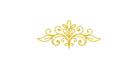 A detailed golden floral flourish graphic design element, featuring ornate curls, delicate leaves, and symmetrical botanical patterns isolated on transparent background © MSTLATIFA