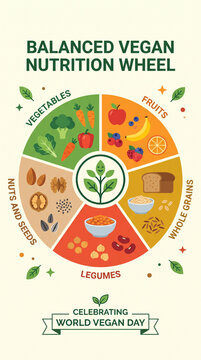 Vegan nutrition wheel featuring vegetables, fruits, whole grains, legumes, nuts and seeds arranged around a central healthy plant icon, balanced nutrition concept, World Vegan Day