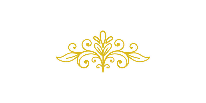 A detailed golden floral flourish graphic design element, featuring ornate curls, delicate leaves, and symmetrical botanical patterns isolated on transparent background