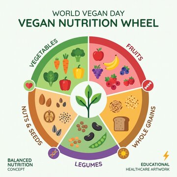 Vegan nutrition wheel featuring vegetables, fruits, whole grains, legumes, nuts and seeds arranged around a central healthy plant icon, balanced nutrition concept, World Vegan Day