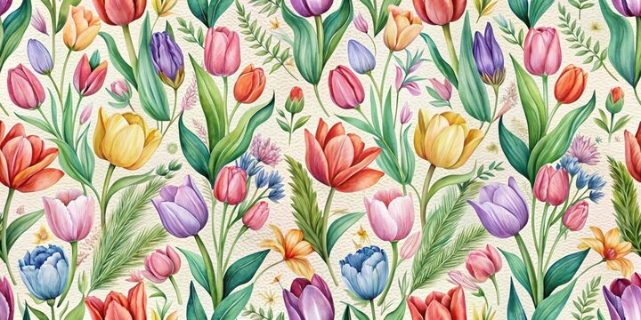 Elegant seamless pattern featuring colorful tulips and botanicals in a natural floral arrangement, natural, pattern, natural,pattern