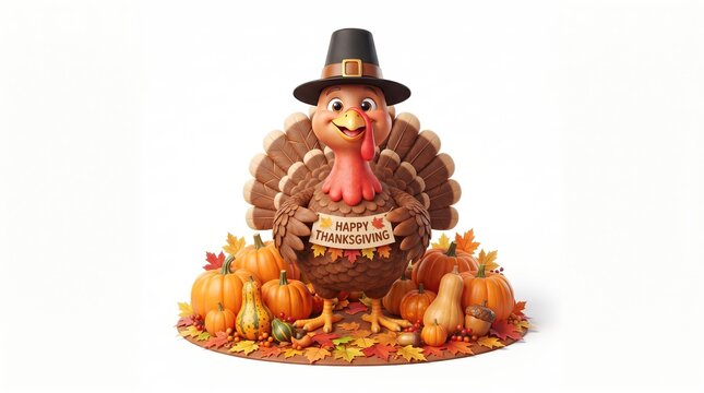 A cute turkey wearing a pilgrim hat celebrating thanksgiving day with pumpkins and autumn leaves isolated