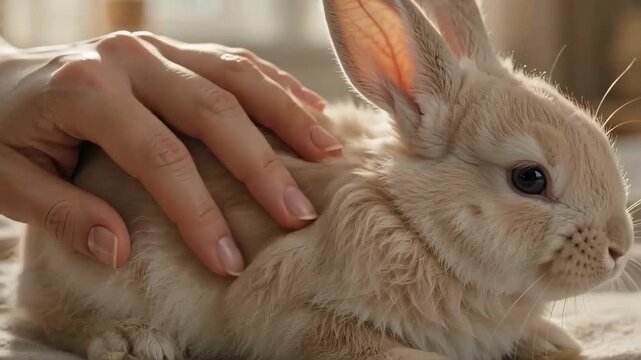 Human Hand Gently Petting Small Beige Rabbit Creating Subtle Ripples Through Velvety Fur in Tranquil Closeup for Pet Care Blogs, Animal Welfare Websites, and Relaxation Footage video