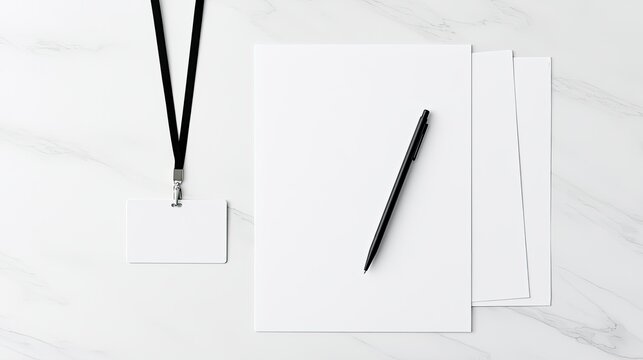 Blank white paper, pen, and lanyard with badge on marbled surface