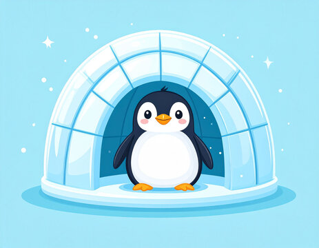 in a wintry scene rendered in bright blues and whites, a stylized bird with a black head and back, white belly, and small orange feet stands within a structure constructed from large blocks