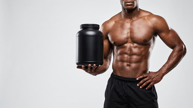 Muscular African American man holding a blank black protein powder tub mockup for sports nutrition advertising fit shirtless bodybuilder showing abs against a light gray background with copy space