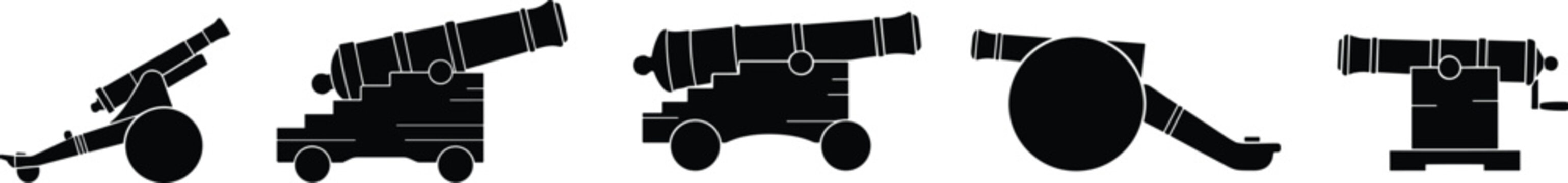 Collection of antique artillery cannon silhouettes in different styles with artillery military historical cannonball silhouette isolated