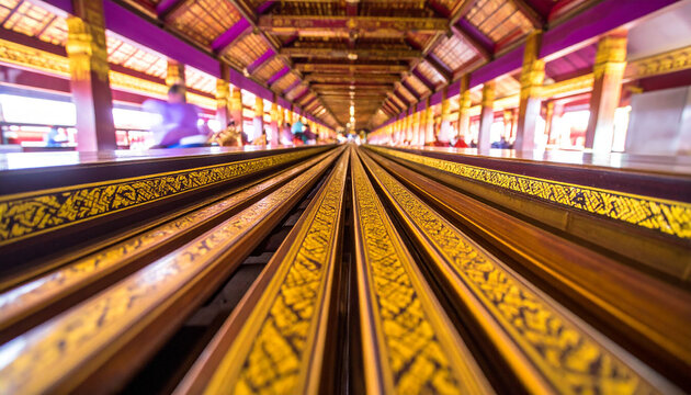 an interior of a train station with an escalator in motion