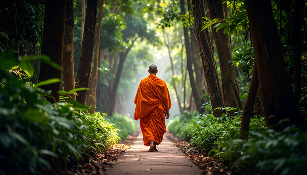 a person in traditional buddhist monastic garb walking along a pathway through a lush forest