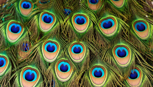 a close up view of a collection of vibrant peacock feathers spread out against a neutral background