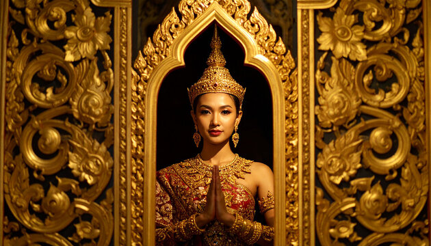 a majestic statue of a woman, possibly of royal lineage due to her regal attire, which includes an elaborate crown adorned with red and gold embellishments, suggesting thai inspired craftsmanship
