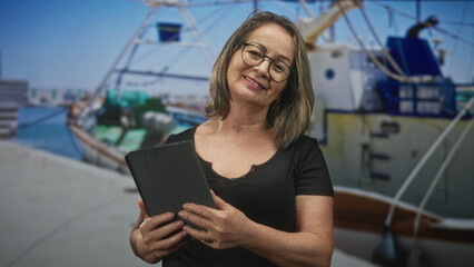 Hispanic woman holding tablet with hands, smiling and tilting head while standing on marina dock  contentment retirement. © Krakenimages.com