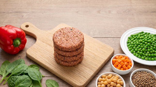 Plant based meat burger patty stack with vegetables and legumes. Sustainable organic vegan vegetarian food. alternative protein substitute diet, bio cereal nourishment