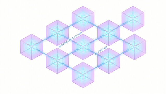 3D isometric interconnected glowing glass cubes for blockchain technology concept