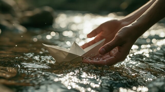 Hands holding a white paper boat in a flowing river with sunlight