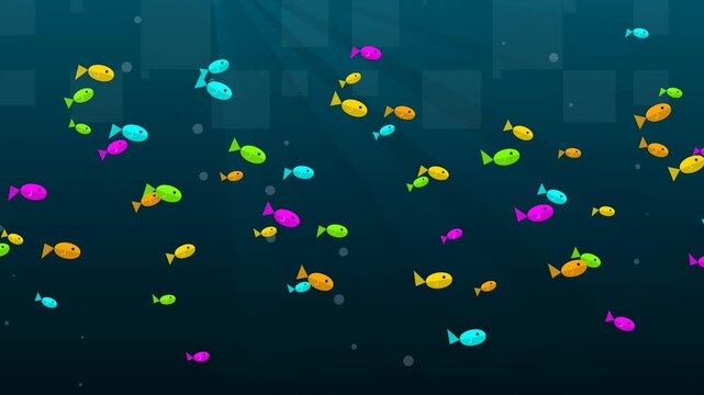 Vibrant abstract school of digital fish swimming in deep blue ocean water with geometric patterns and light rays