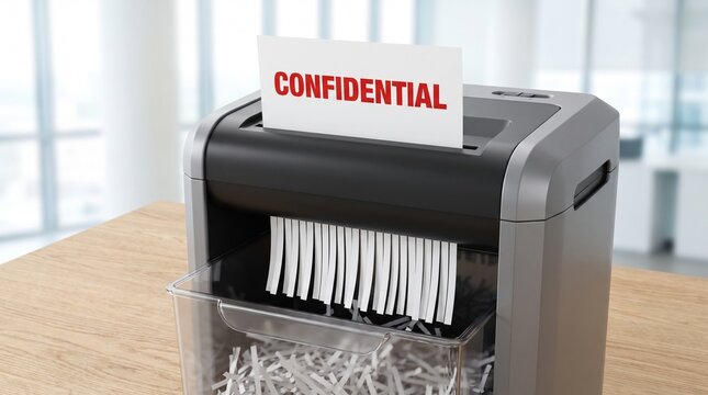 Office shredder destroying confidential documents on a wooden desk with shredder confidential paper being shredded office shredding security business privacy machine with Indoor