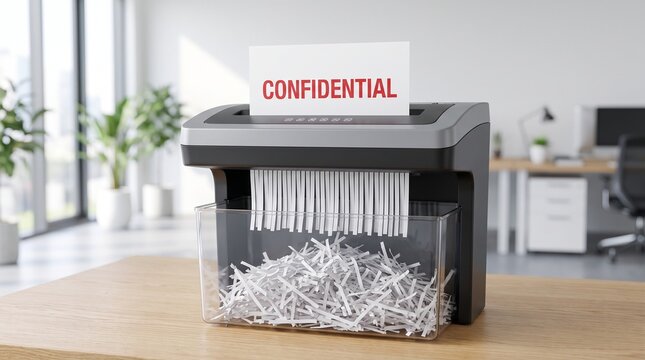 Office paper shredder shredding confidential document on desk in modern office with shreds confidential office equipment data protection destruction corporate security with Business