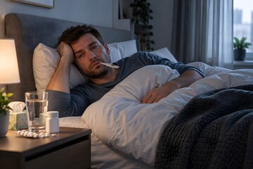 Fototapeta premium Man rests in bed with a thermometer in his mouth while feeling unwell at home in the evening