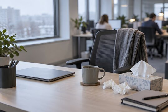 Workplace with empty chair and desktop items in modern office setting
