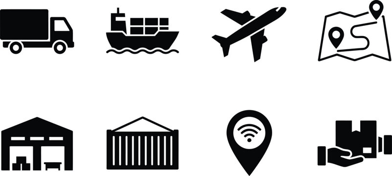 Logistics and shipping icon set featuring black transport silhouettes for global supply chain management.