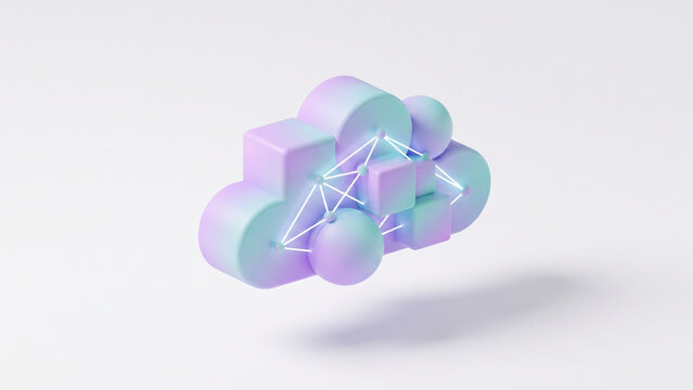 3D isometric cloud computing icon with glowing data node network connections