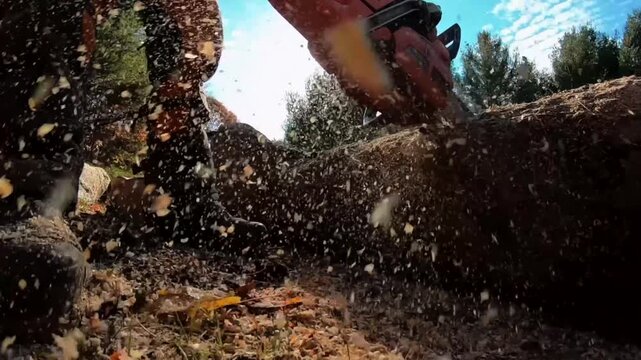 Low-angle industrial close-up of heavy cutting head shredding large log, releasing dense wood chip spray and sawdust mist against bright sky during timber processing