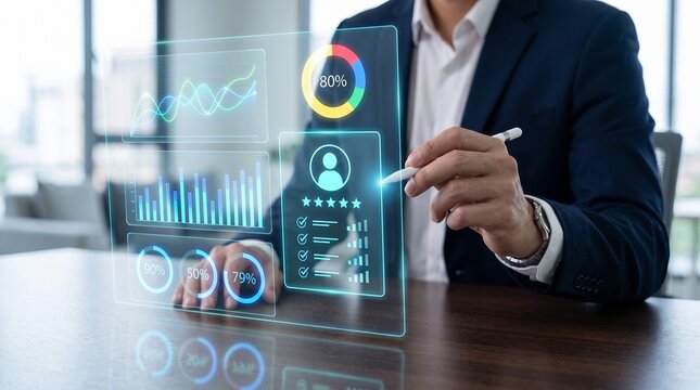 Businessman interacting with holographic data visualization in office with businessman suit interacts data visualizations table presentation interactive technology statistics